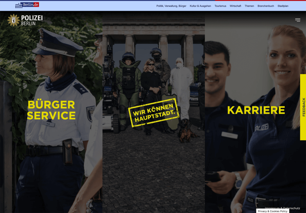 Navigation der Webseite der Polizei Berlin im Rahmen der "Wir können Hauptstadt" Kampagne von glow