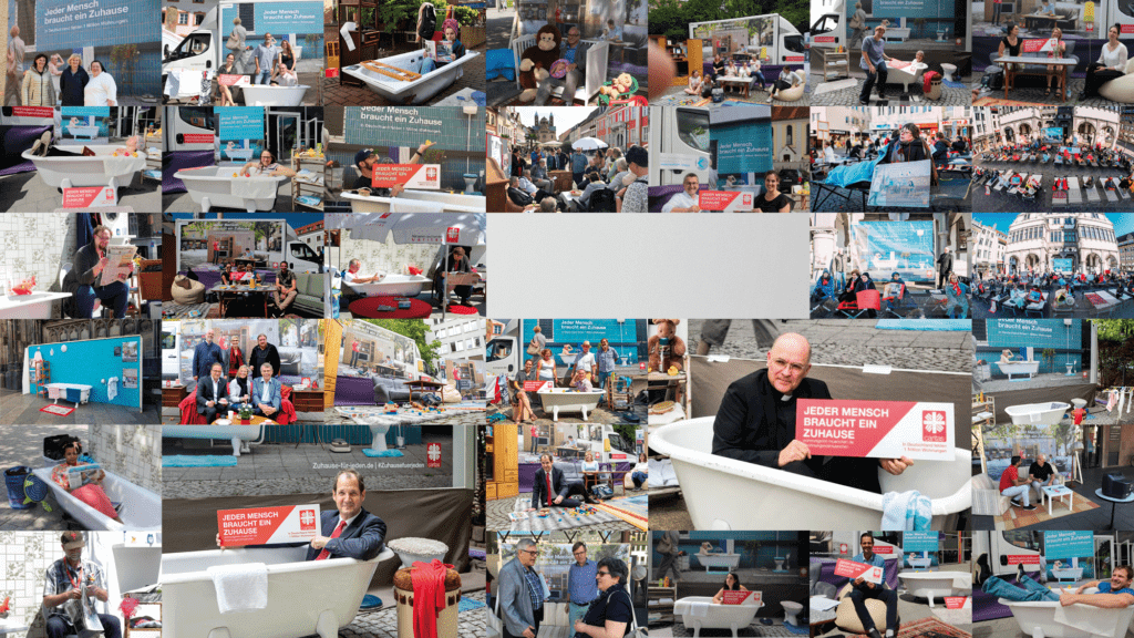 Sammlung von Fotos der "Zuhause" Kampagne für die Caritas von glow an einem U-Bahnhof