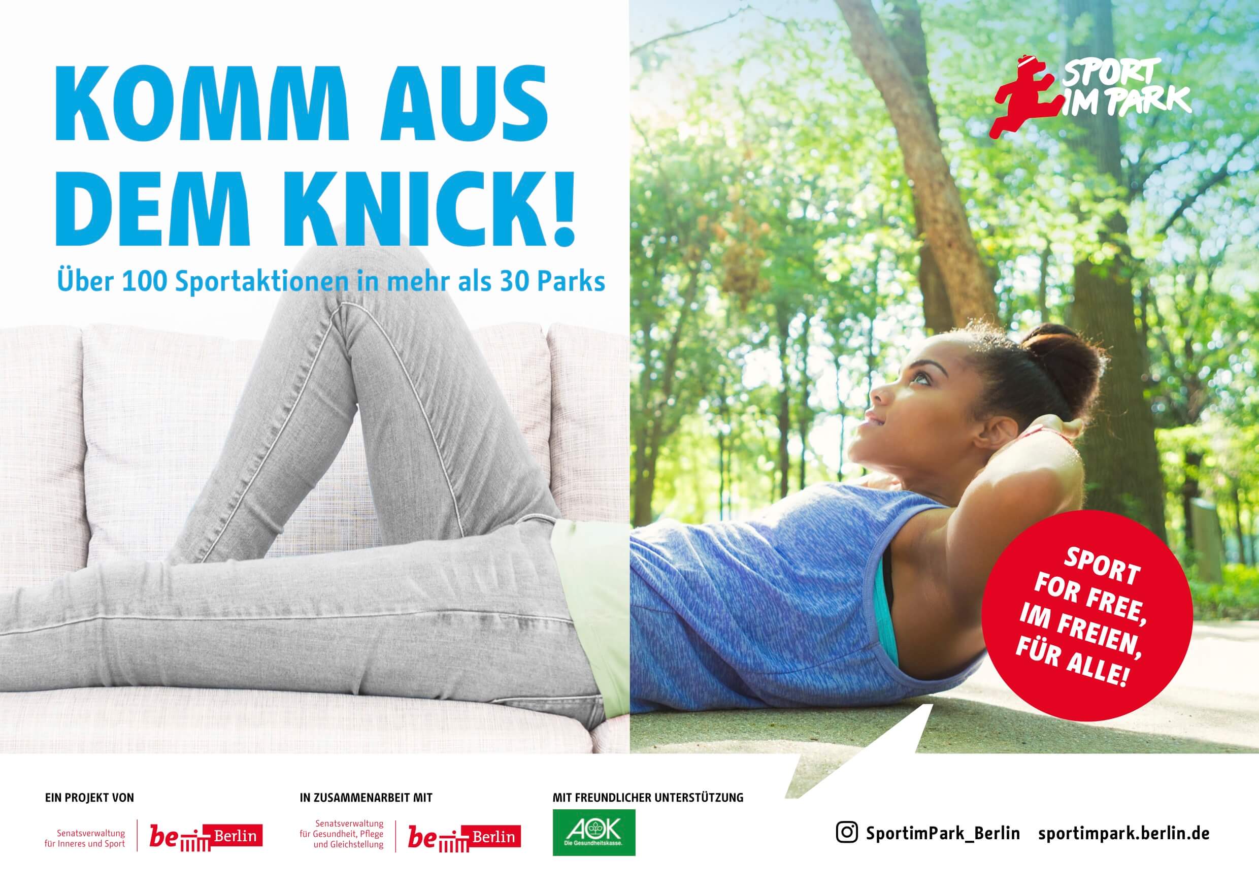 Plakat zum Angebot "Sport im Park" mit der Aufschrift "Komm aus dem Knick!"
