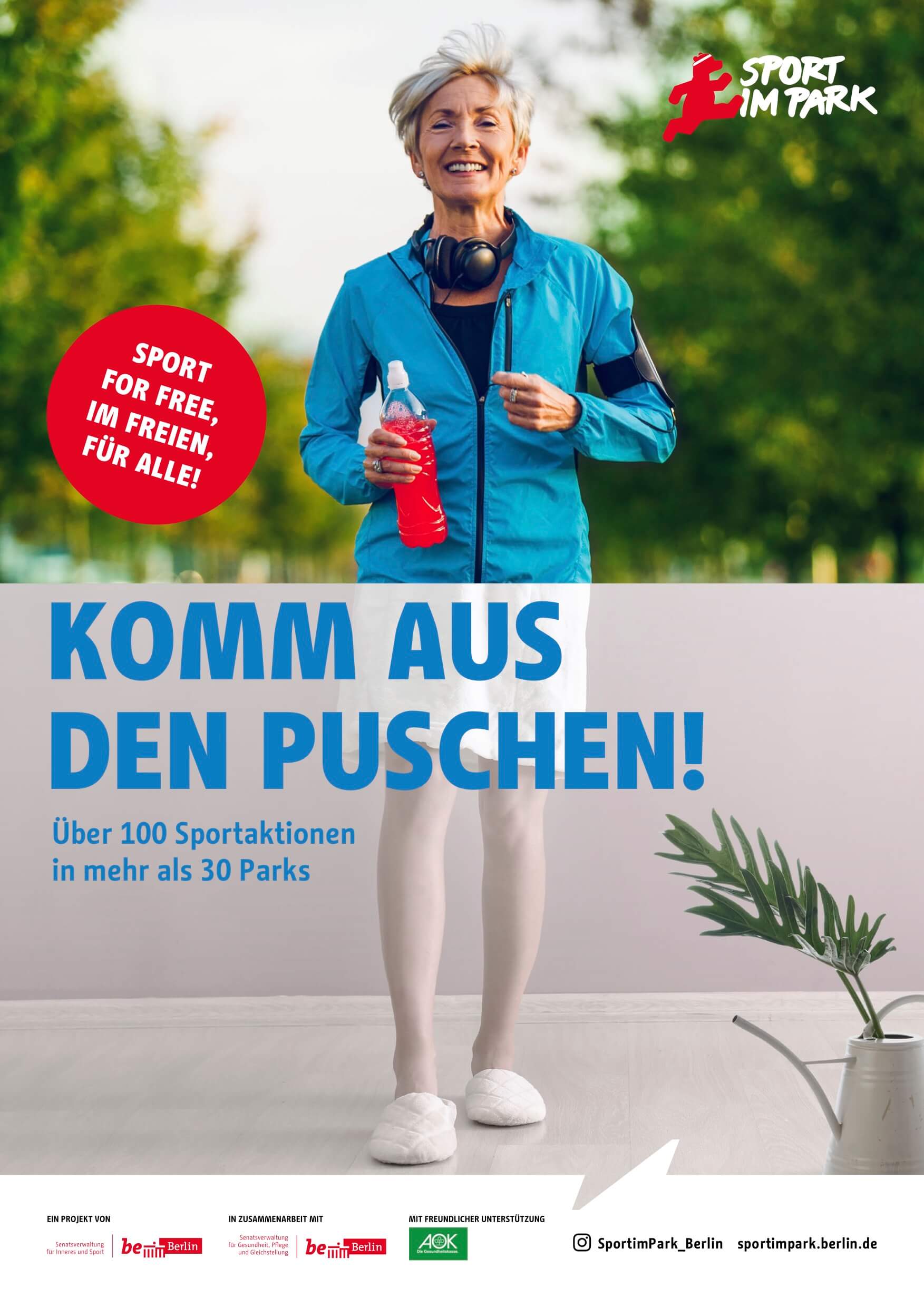 Plakat zum Angebot "Sport im Park" mit der Aufschrift "Komm aus den Puschen!"
