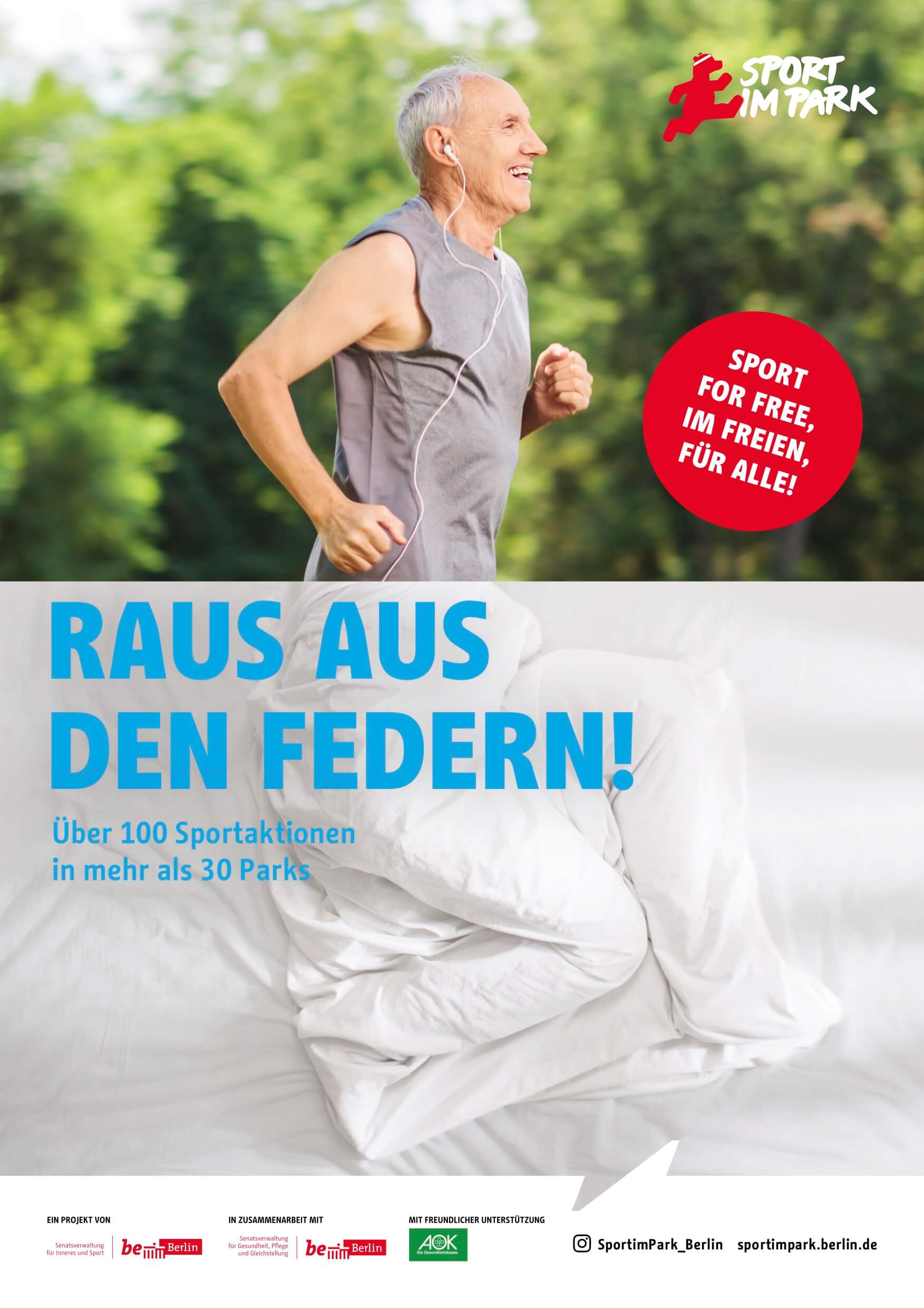 Plakat zum Angebot "Sport im Park" mit der Aufschrift "Raus aus den Federn!"