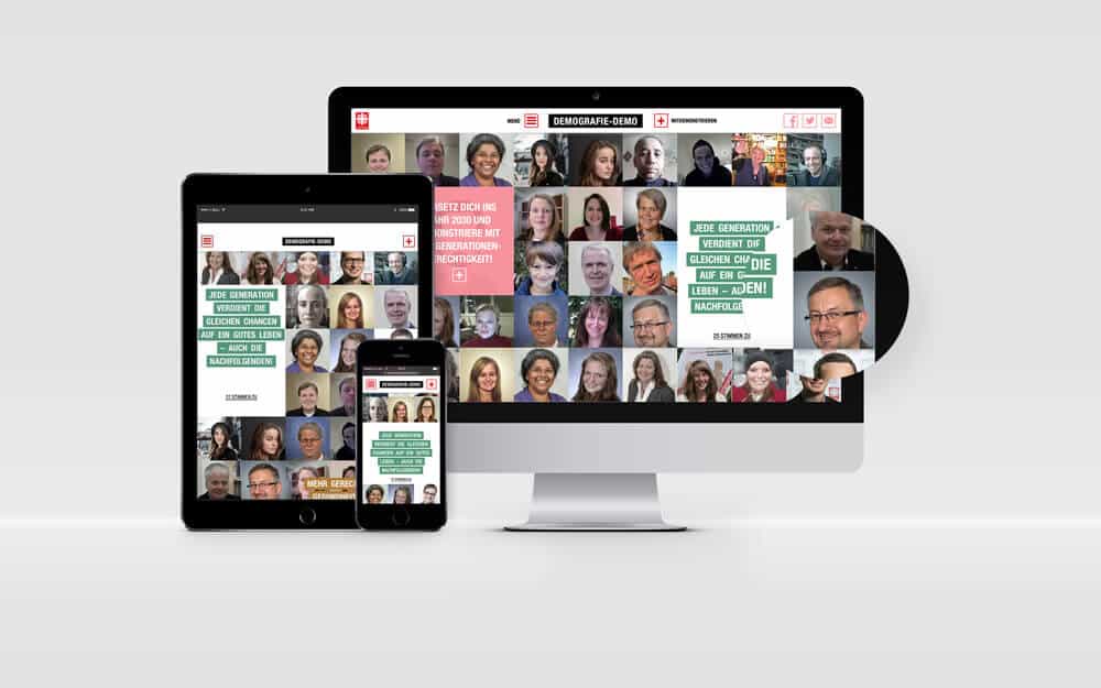 Vorführbilder der Webseite der Demografie Demo vom Deutschen Caritasverband auf Smartphone, Tablet und Computer.