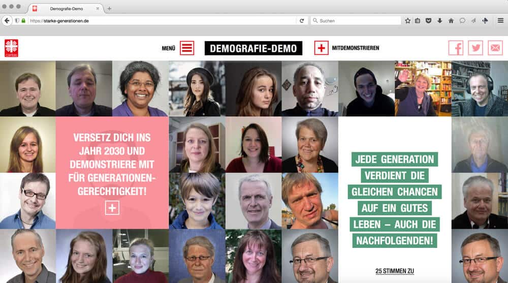 Die Startseite der Demografie Demo Webseite. Die Demografie Demo des Deutschen Caritasverbandes sammelt viele Unterstützer.