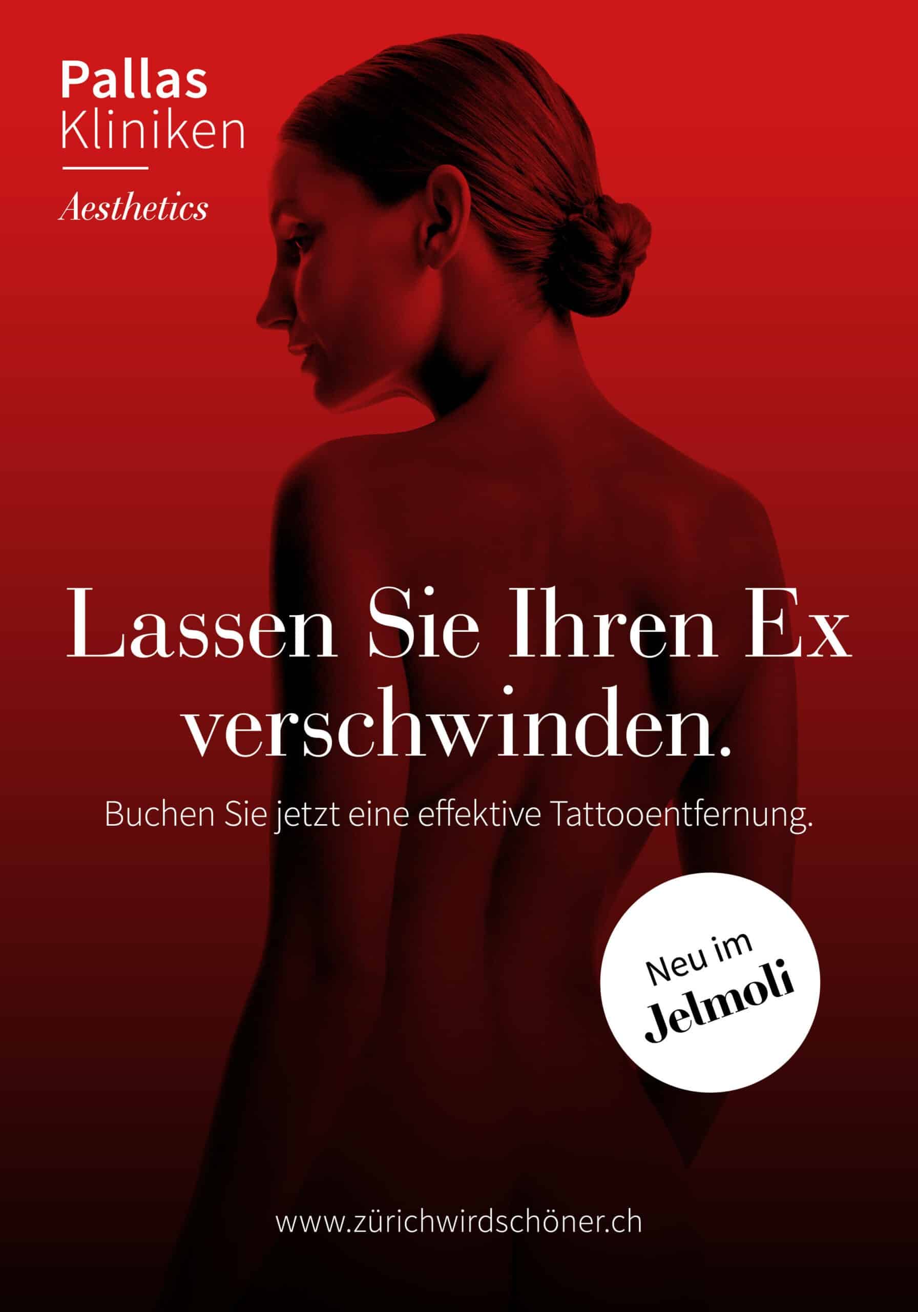 Plakat zur Tattoobehandlung im Rahmen der glow Kampagne für die Pallas Kliniken in Zürich