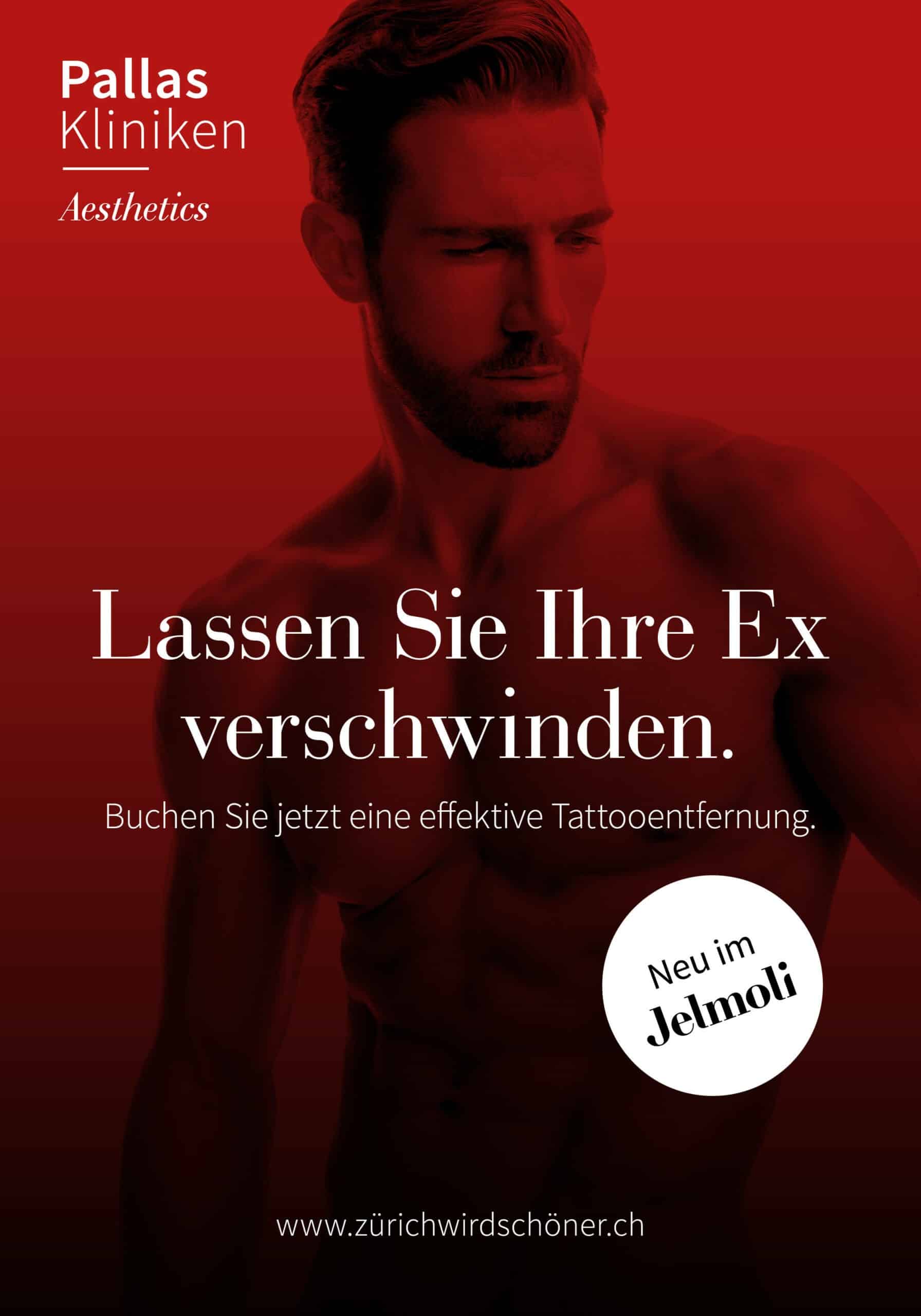 Plakat zur Tattoobehandlung im Rahmen der glow Kampagne für die Pallas Kliniken in Zürich