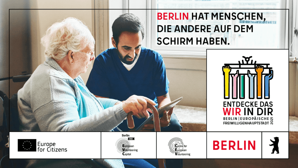Plakat "Auf dem Schirm haben" zur Kampagne "Europäische Freiwilligenhauptstadt 2021" des Berlin Partner, entwickelt von glow