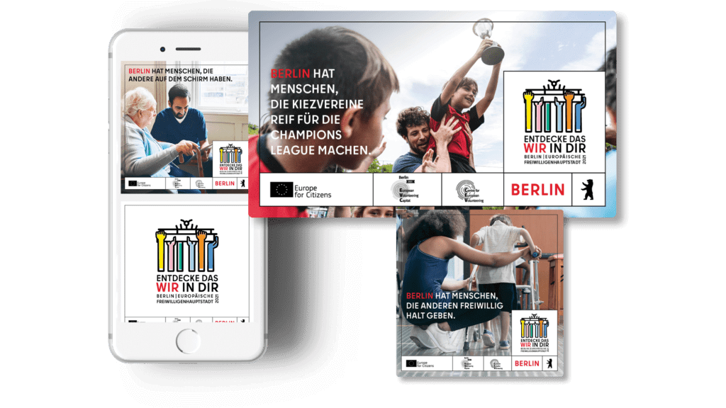 Mobile Mockups der Kampagne "Europäische Freiwilligenhauptstadt 2021" des Berlin Partners auf einem Smartphone