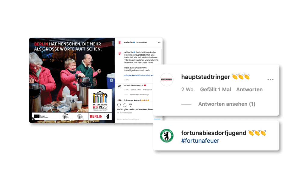 Social Media Beitrag und Reaktionen der Kampagne "Europäische Freiwilligenhauptstadt 2021" des Berlin Partners