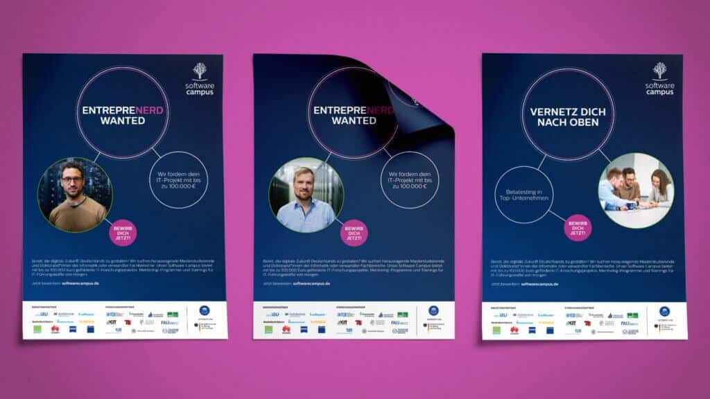 Plakate für den Software Campus mit dem Wortspiel "Entreprenerd"