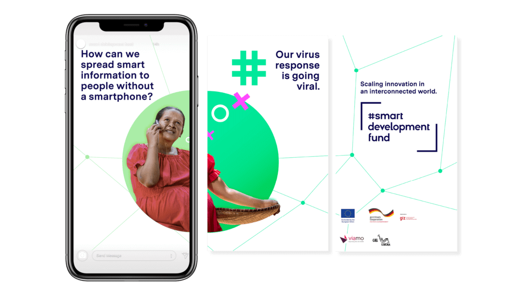 Ein Mock up auf einem Smartphone mit Plakaten zum GIZ SmartDevelopment Fund