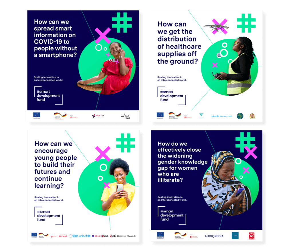 Plakate für den GIZ SmartDevelopment Fund mit wichtigen Zukunftsfragen