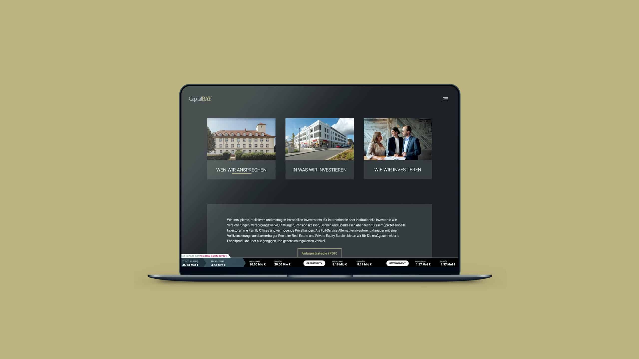 Ausschnitt der neuen Webseite von Capital Bay. Design und Programmierung stammen von der Berliner Werbeagentur glow.