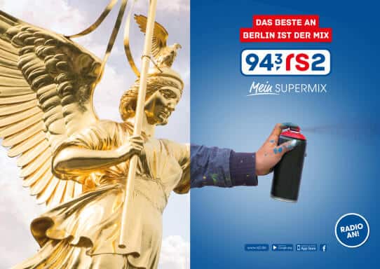 Plakat zeigt ein zweigeteiltes Bild. Links die Figur des Siegessäule. Rechts eine Hand mit einer Sprühdose.