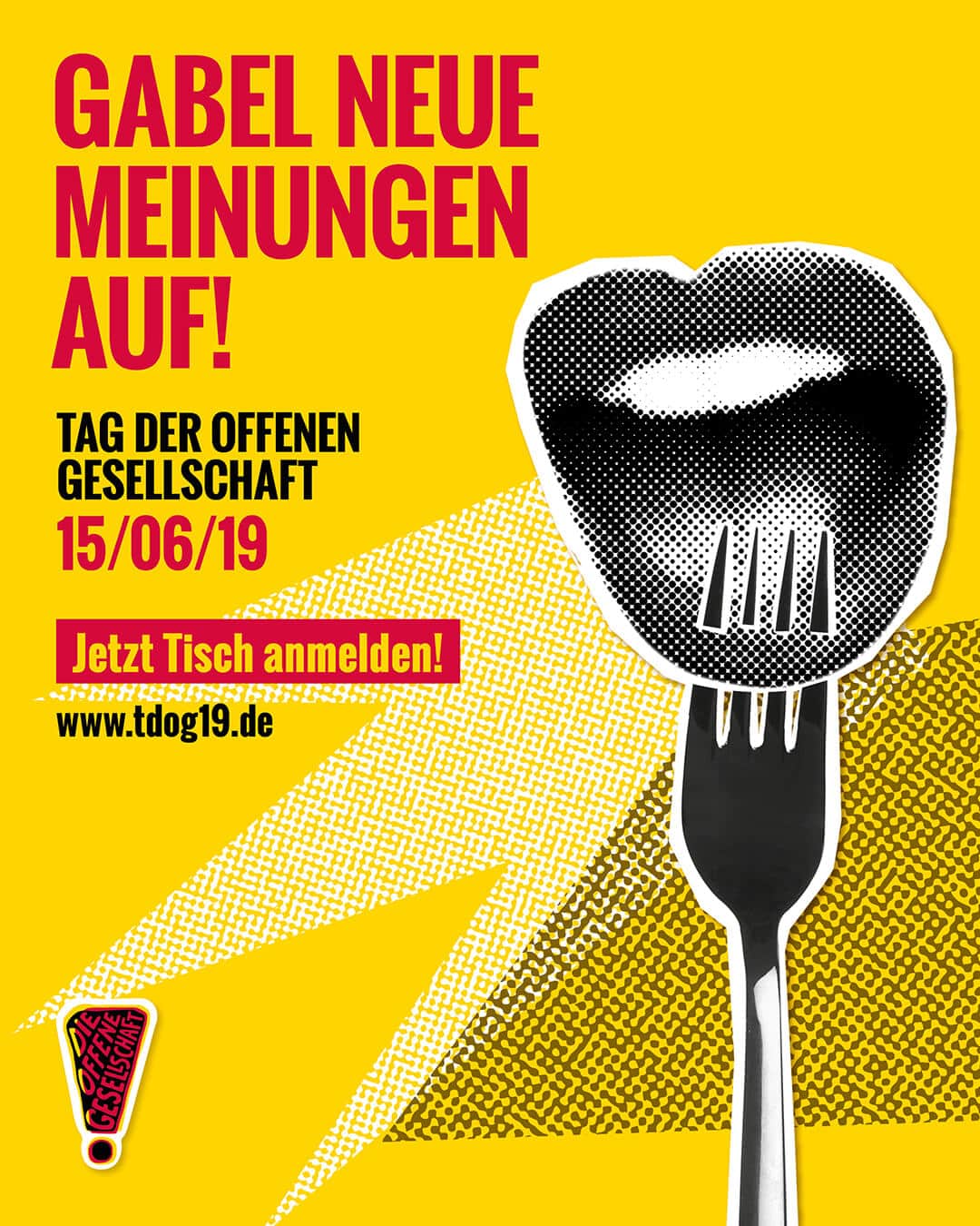 Plakat zum Tag der offenen Gesellschaft "Gabel neue Meinungen auf"