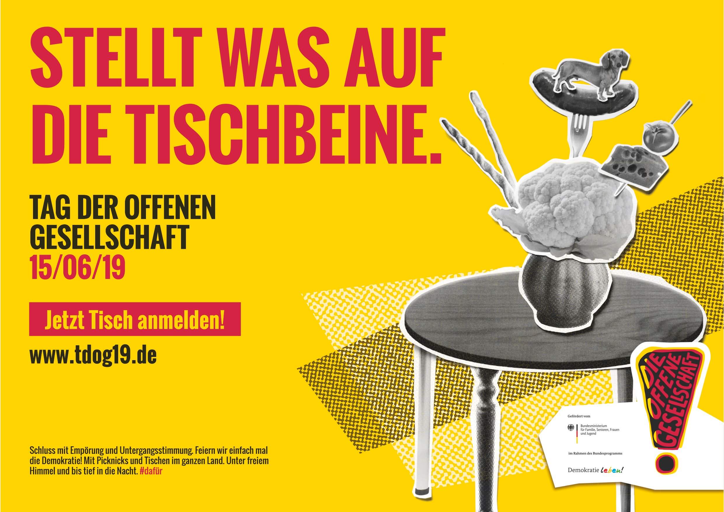 Plakat zum Tag der offenen Gesellschaft "Stellt was auf die Tischbeine"