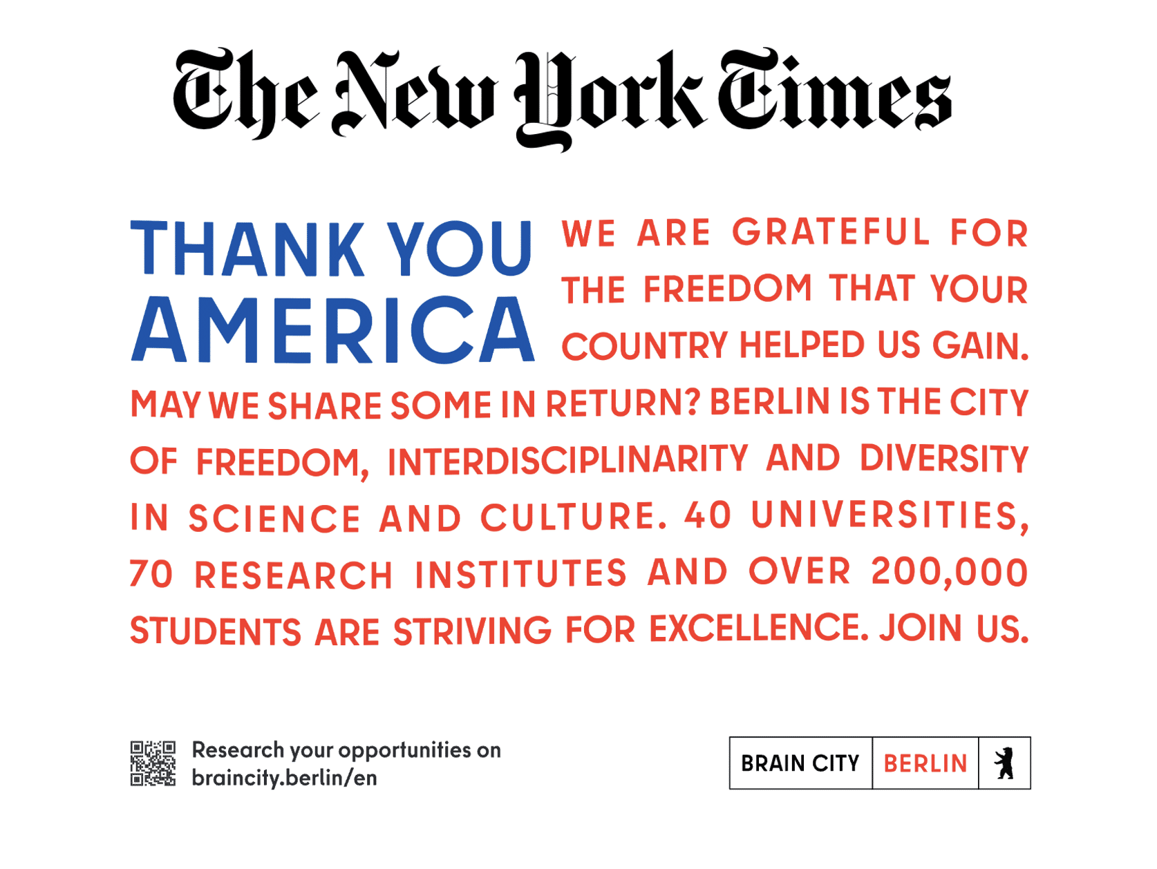 Brain Gain Berlin Partner New York Times Ad Thank you America